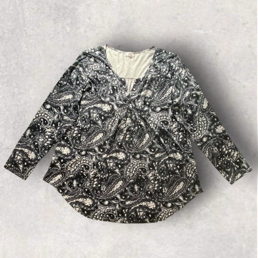 Halife Womens 3XL Black White Paisley V Neck Twist Front Long Sleeve Stretch Top